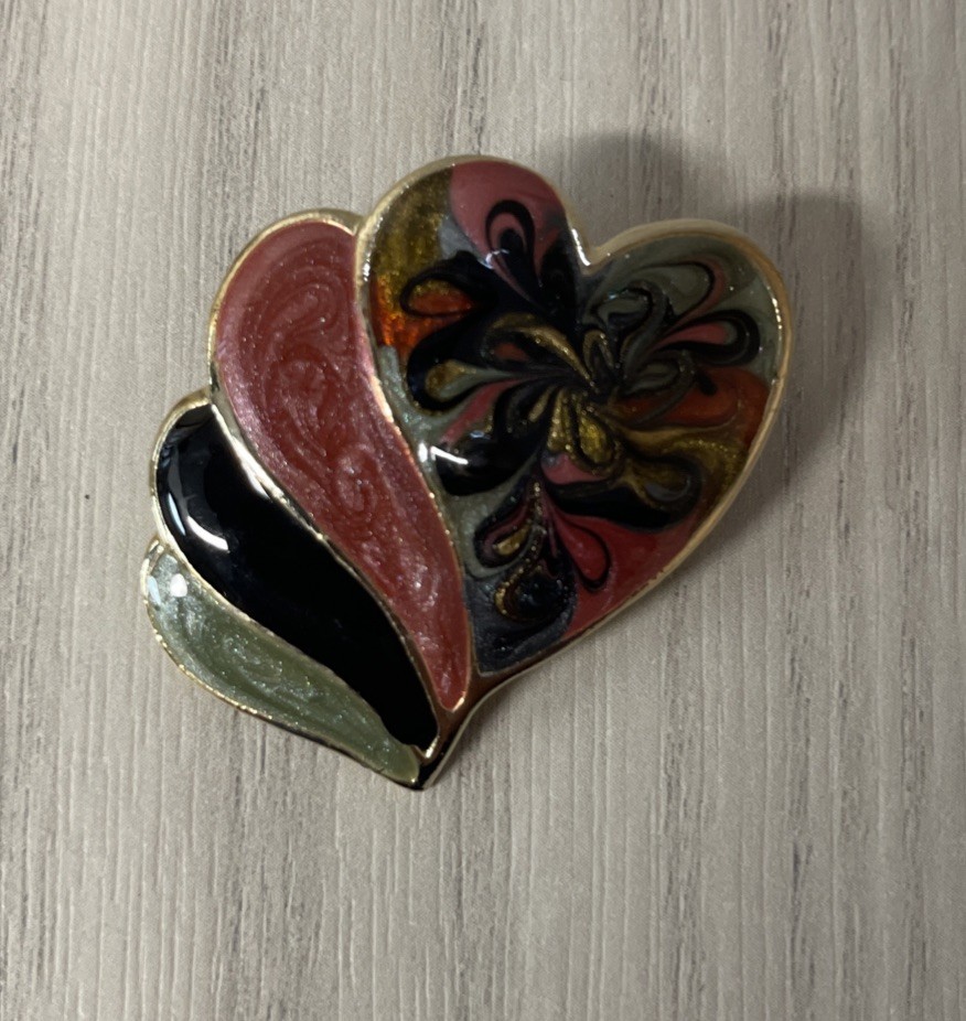 Vintage Brooch Enameled Hearts Overlaying MADE IN USA With Goldtone Back
