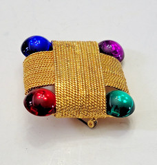 1980s vintage large gold tone multi color cabochons rope brooch pin