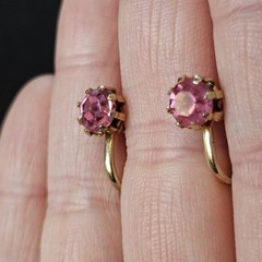 Vintage 60s Pink Topaz Rhinestone Huggies Gold Tone Earrings Screwback