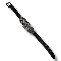 Vintage Brighton 1994 Heart Filigree Black Patent Leather Bracelet Silver Plate