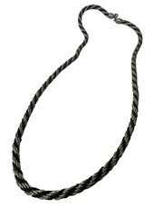 Vintage Black & Silver Braided Rope Necklace Heavy Gold Tone Unisex Twisted Link