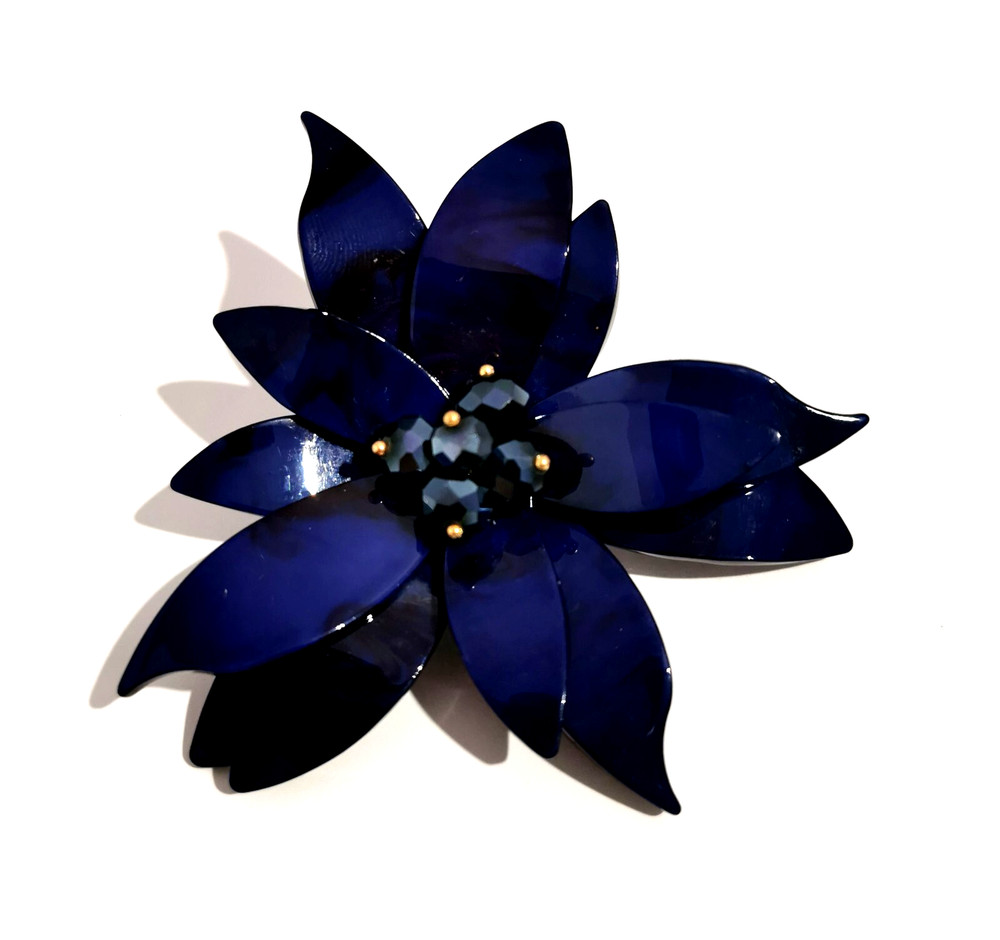 Vintage Flower Brooch Blue Large Plastic And Faceted Glass Beads Centre Handmade