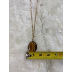 Vintage Tigers Eye Oval Pendant Necklace Gold Tone Chain Boho Statement 24 Inch