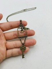 Vintage Bronze Tone Lovebird in Gilded Cage Dove Heart Lock Key 18 in Necklace