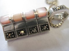 Sterling Silver Pink Mother of Pearl Marcasite Necklace- Pendant on SS Box Chain