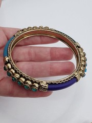 Vintage Metal, Plastic & Rhinestone Bangle Bracelet Blues & Greens