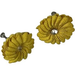 Vintage Antique Woven Yellow Fabric Flowers Floral Screw Back Earrings AS IS