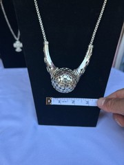 Vintage Silver Tone Ornate Cut-Out Ball Pendant Necklace with Scrollwork Accents