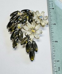 Vintage Black Diamond, Frosted Glass & AB Rhinestone Silver Tone Flower Brooch