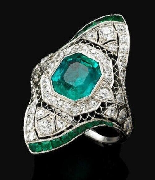 Antique Vintage Art Deco Emerald & Lab Created Diamond Engagement 925Silver Ring