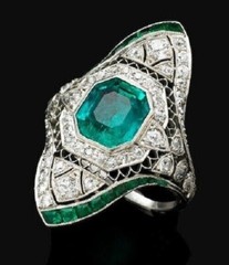 Antique Vintage Art Deco Emerald & Lab Created Diamond Engagement 925Silver Ring