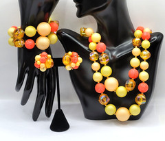 Eclectic Color 3 Piece Beaded Necklace Clip On Earrings Bracelet Vintage Set