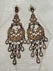 Vintage Style Filigree Chandelier Earrings Gold Tone Rhinestone Dangle 3” Glam