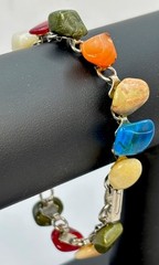 Vintage Link Polished Stone Glass Tumbled Agate Bracelet Rainbow 6.5”