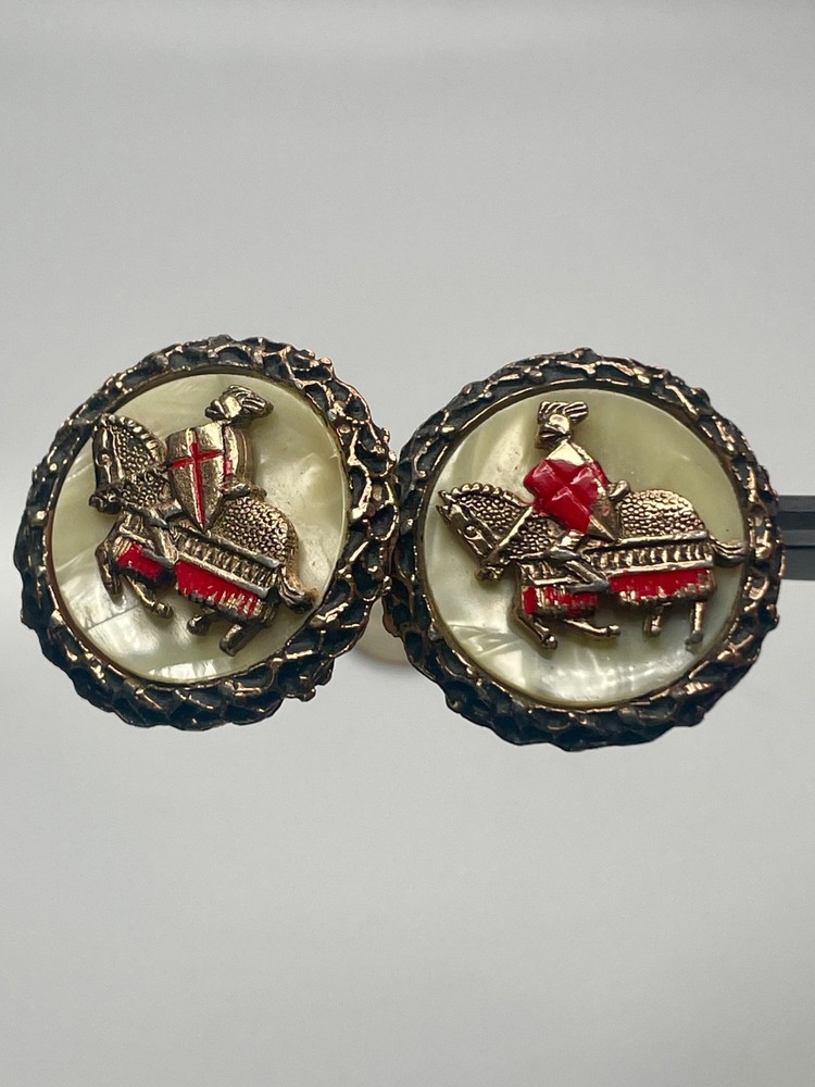 Vintage Crusader Knight Horse Shield High Relief MOP Metal Cufflinks Oxford
