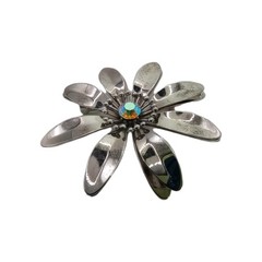 Vintage Enamel Flower Brooch Pin Aurora Borealis Ctr Silver Tone Lg 2 1/2 in D