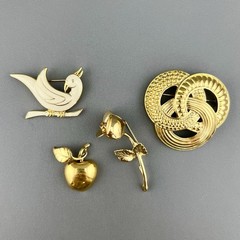Vintage Monet Brooch Lot Apple Bird Rose Knot Gold Tone Cream Enamel Signed