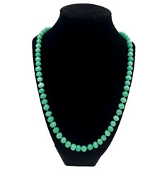 GREEN PEKING GLASS FAUX JADE BEADS NECKLACE HAND KNOTTED ART DECO CLASP 22″ LONG