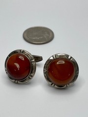 Vintage European Silver Carnelian Cufflinks Mid Century Mod Cabochon Signed MB