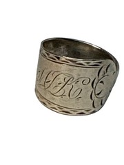 Antique Sterling Silver Spoon Ring Monogram Engraved Wide Band Heirloom Jewelry