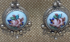 Vintage Earrings Rostov Finift Russian Enamel Painted Floral Dangle Silver Tone