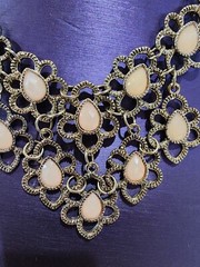 Gold Flower Faceted Light Pink Teardrop Accent Statement Bib Necklace