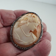 Victorian 800 Silver Cameo Lady Brooch with Marcasite 9.2g [7487]