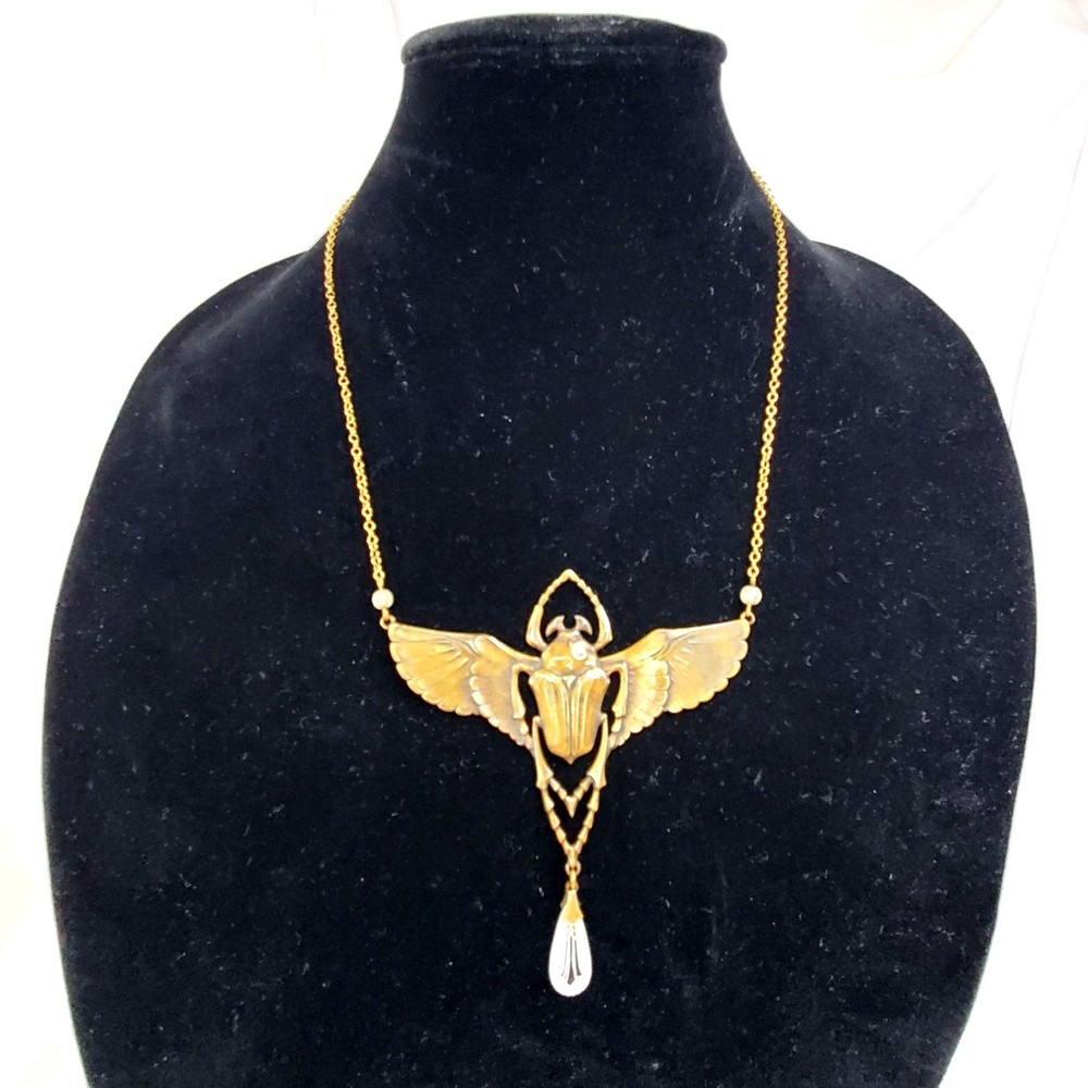 Vintage Brass Scarab Beetle Pendant Necklace Egyptian Revival jewelry 21″