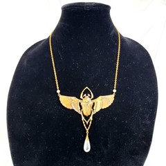 Vintage Brass Scarab Beetle Pendant Necklace Egyptian Revival jewelry 21″