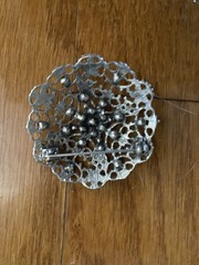 Round Silver Tone Base Metal Brooch With Clear Rhinestones 1 3/4 Inches