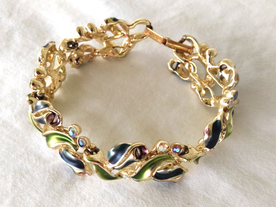 Rare Signed BSK Vintage Gorgeous Enameled AB Rhinestone flower 5 link Bracelet