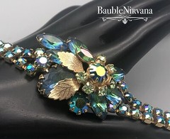 VTG Juliana AB Iridescent Peacock Blue&Green Gold Leaves Bracelet&Earrings Set