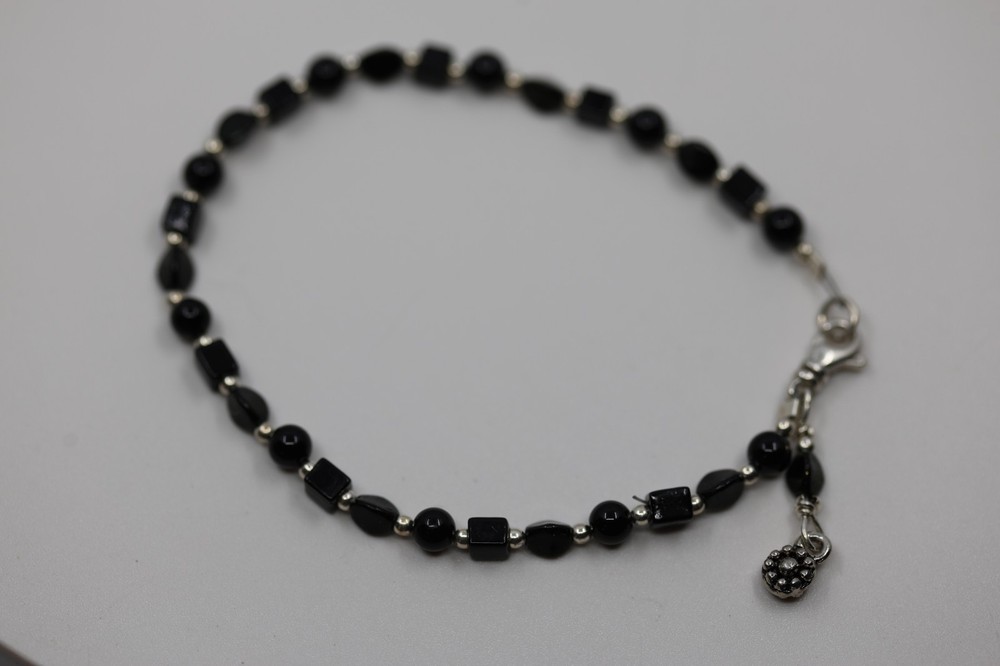 Black Onyx Beaded Gemstone Bracelet with Dangle Charm Sterling Silver