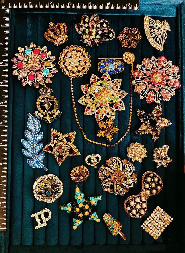 Lot of 25 Czech Style Colorful Rhinestone Brooch Pin Lot Star Flower Crown Mix