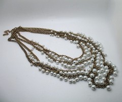 Vintage RJ Graziano 4-strand faux pearl and goldtone chain statement necklace