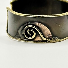 Vintage Brutalist Mixed Metals Cuff Bracelet Brass Copper Modernist Adjustable