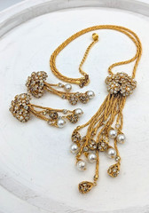 Vintage Rhinestone Tassel Necklace Earrings Set Glass Pearl Dangle (READ)