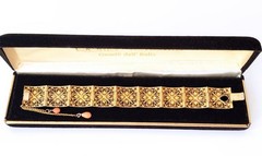 Antique Italian Gilt Silver Filigree Panel Bracelet, Natural Salmon Coral Drops