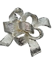 Tona Bow Brooch Rare Signed Textured Silver Tone Ribbon Polished Edges Vintage