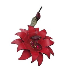 Francois Red Enamel Rhinestone Metal Stemmed Flower Brooch, Signed E957