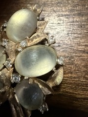 Vintage Joseph Mazer Jomaz Golden Ridged Moonstone Cabochon & Rhinestone Brooch