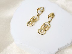 Vintage Gold Tone Clip On Dangle Drop Earrings With Rhinestones – 3 Rings Design
