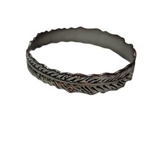 Vintage Silver Tone Feather Bangle Bracelet Nature Boho Leaf Wristlet Size 8