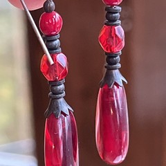 Vintage Red Glass Teardrop Cabochon & Faceted Dangle Drop Pierced Earrings