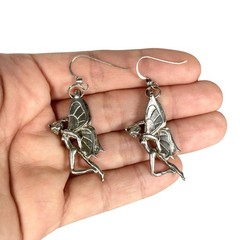 Vintage Art Deco Silver Butterfly Winged Nude Fairy Woman Dangle Earrings