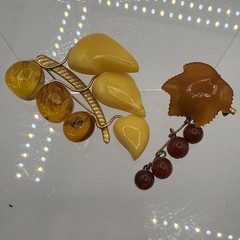 Lot Of 2 Antique Natural Carved Baltic Butterscotch Amber Brooch, Cognac Eggyolk