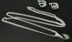 Sterling 925 Stamped, Vintage, Cage-Swirl Green Stones Pendant Necklace and Matc