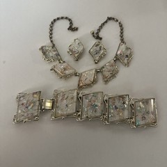VTG 1950s PAM Confetti Lucite Jewelry Set Bracelet Necklace Earrings Gold Tone