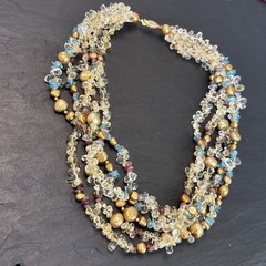 14k Yellow Gold Clasp 5-Strand Quartz Assorted Gemstones Necklace Vintage 18”