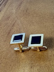 Vintage Cufflinks Square Gold-tone W/ Black Inlay Bullet Back Mens